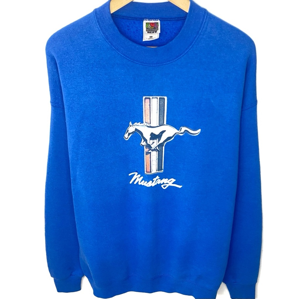 Vintage 90’s Ford Mustang Big Horse Car Logo Blue Crewneck Sweatshirt USA XL